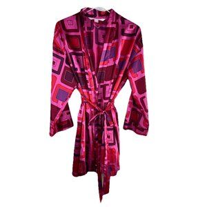 Victoias Secret Satin Robe Pink Red and Purple Geometric Print with Pockets OS